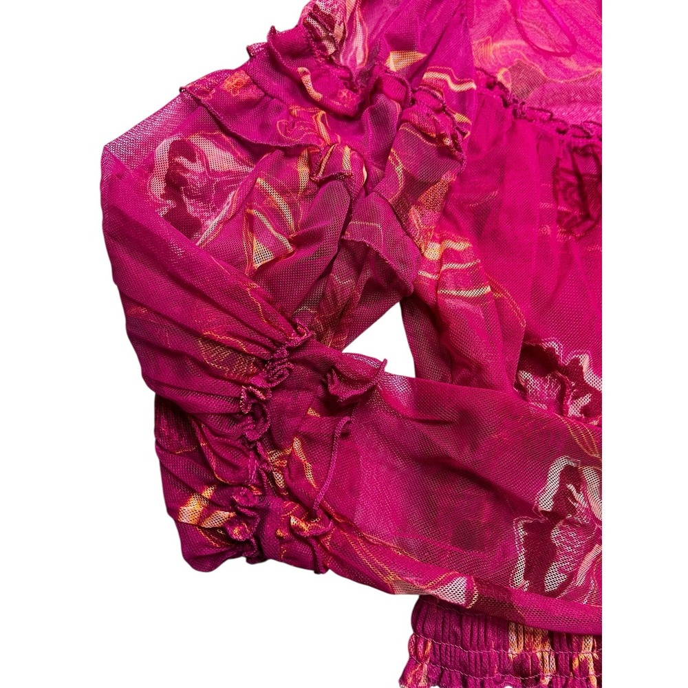 Free People‎ Blouse Womens Small Magenta Floral Sheer Mesh Smocked Ruffle Top - Picture 9 of 12